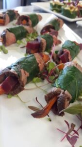 Appetiser fillet rolls with beetroot and chakalaka