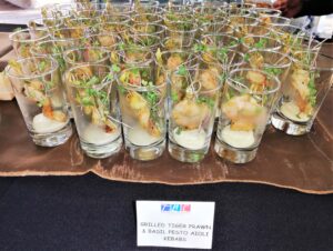 Grilled Tiger prawn and basil pesto aioli kebabs