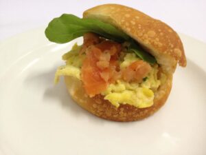 Individual smoked salmon and scrambled egg cocktail roll